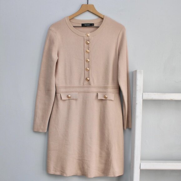 NENONA Dresses & Skirts - NENONA Tan Knit Long Sleeve Gold Button Mini Dress Size Medium